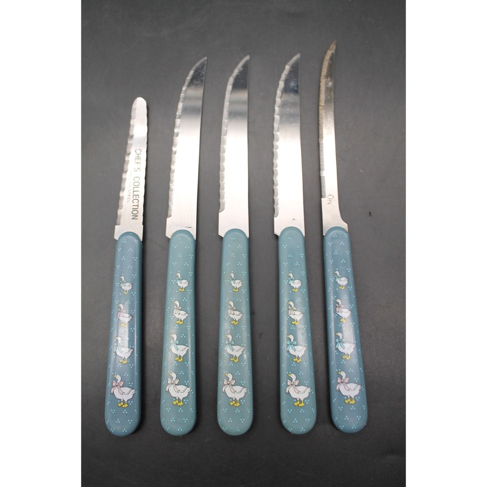 Vintage Libbey Chef's Collection 5 Pc Kitchen Knife Set Goose Blue Handles